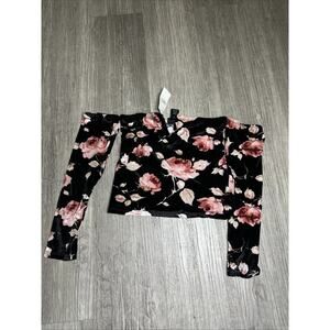 Rue21 Floral Velvet Off The Shoulder Top Long Sleeve Black & Pink Roses Small